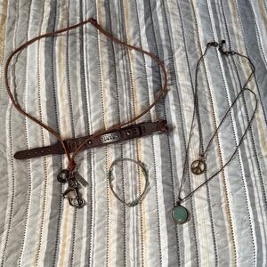 Brown Leather Bracelet, guitar string bracelet and 2 Necklaces Set. #75